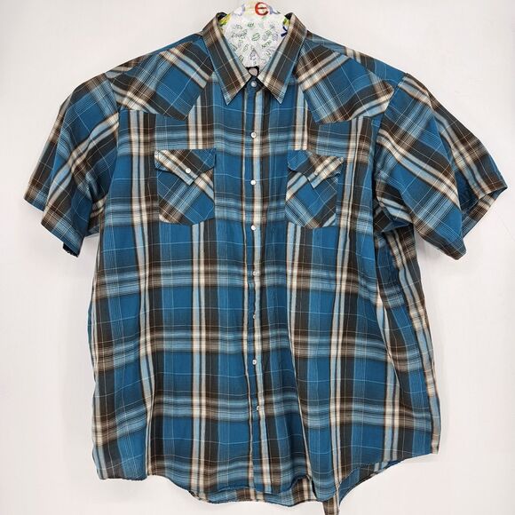 Ely Cattleman Shirt Mens 3X Blue Black Plaid Western Rodeo Big Man Short Sleeve - Picture 1 of 9
